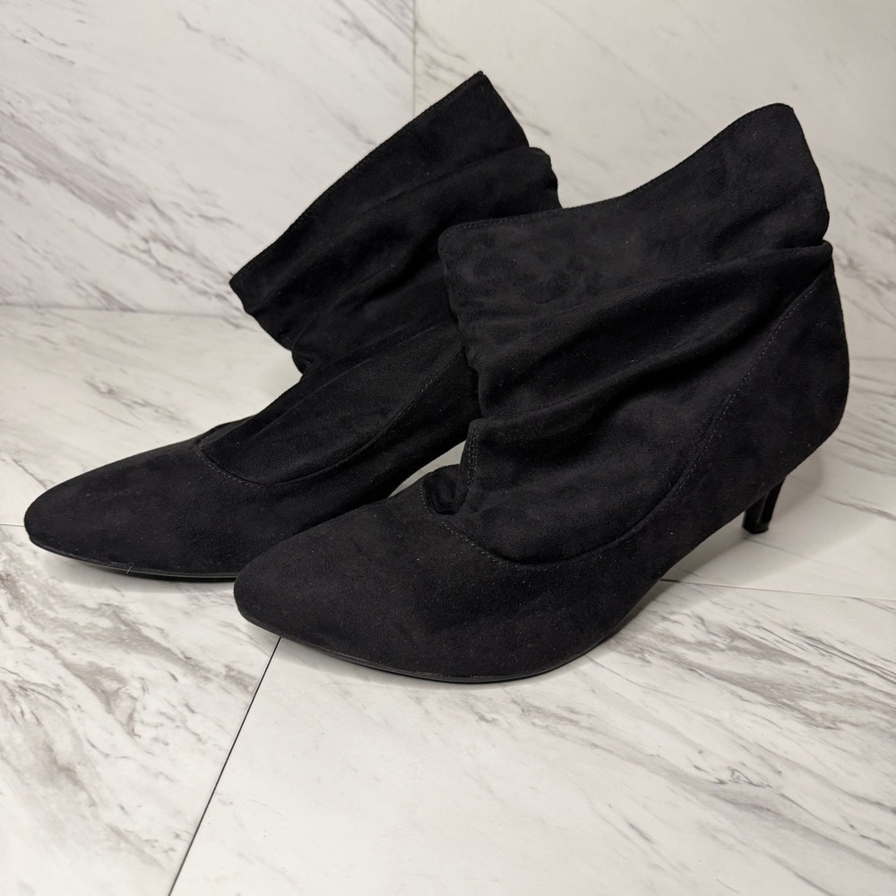 Ashley Stewart Anny Black Vegan Sueded Slouch Booties Heels Womens 12W Wide